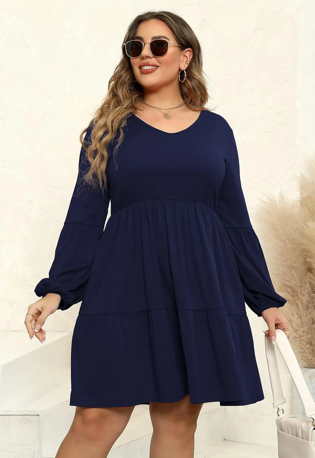 Celkuser Plus Size Casual Tunic Dress for Curvy Women, Long Sleeve V-Neck Babydoll, Knee-Length Tiered Dresses
