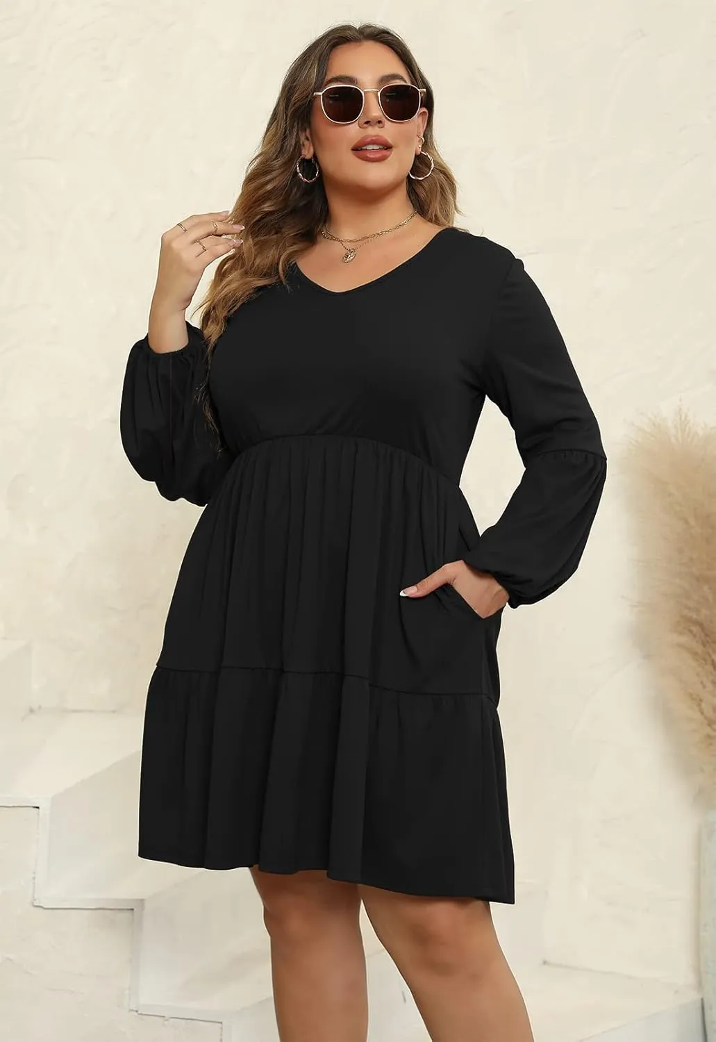Celkuser Plus Size Casual Tunic Dress for Curvy Women, Long Sleeve V-Neck Babydoll, Knee-Length Tiered Dresses