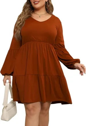Celkuser Plus Size Casual Tunic Dress for Curvy Women, Long Sleeve V-Neck Babydoll, Knee-Length Tiered Dresses