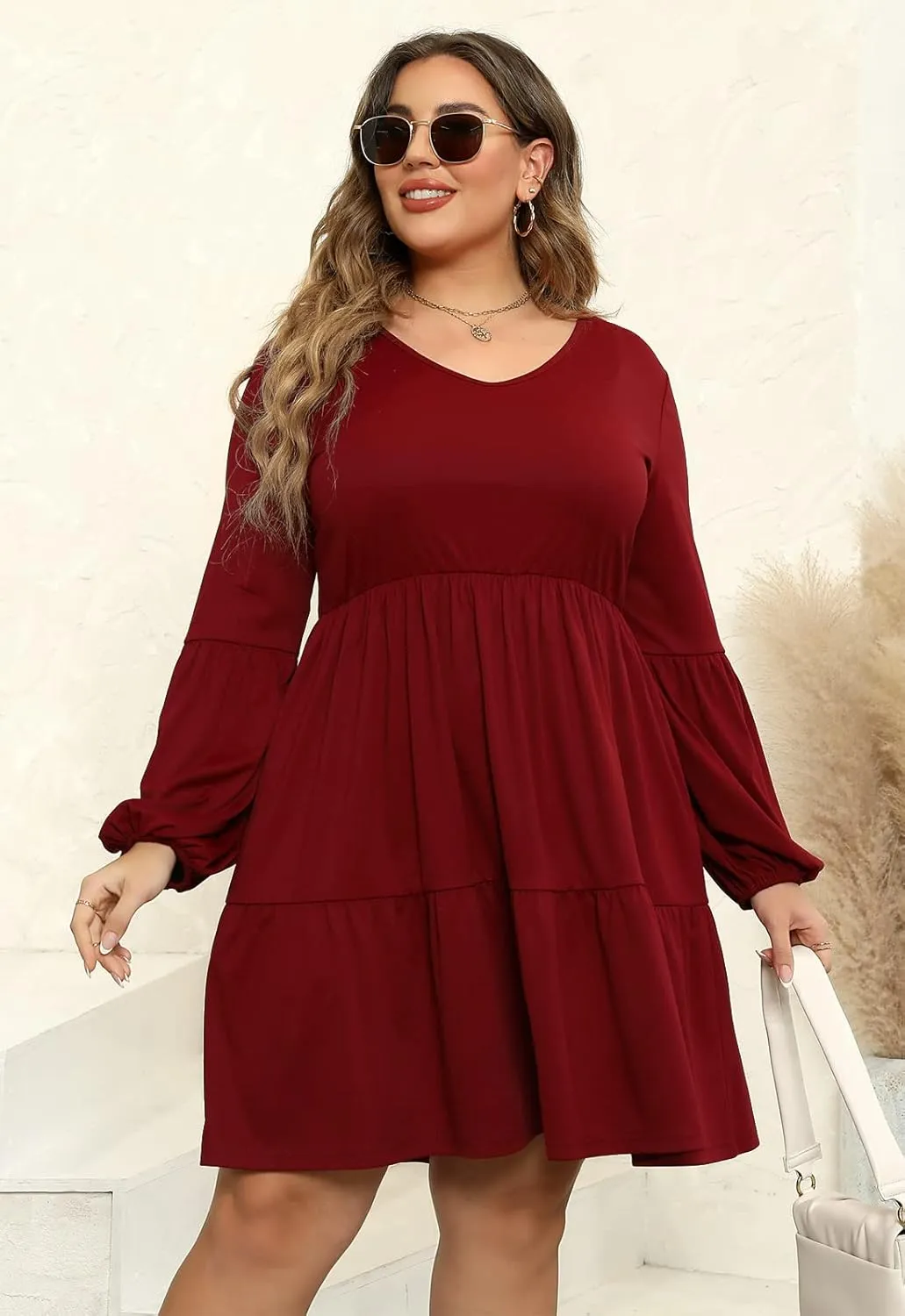 Celkuser Plus Size Casual Tunic Dress for Curvy Women, Long Sleeve V-Neck Babydoll, Knee-Length Tiered Dresses