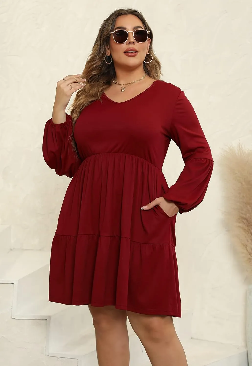 Celkuser Plus Size Casual Tunic Dress for Curvy Women, Long Sleeve V-Neck Babydoll, Knee-Length Tiered Dresses