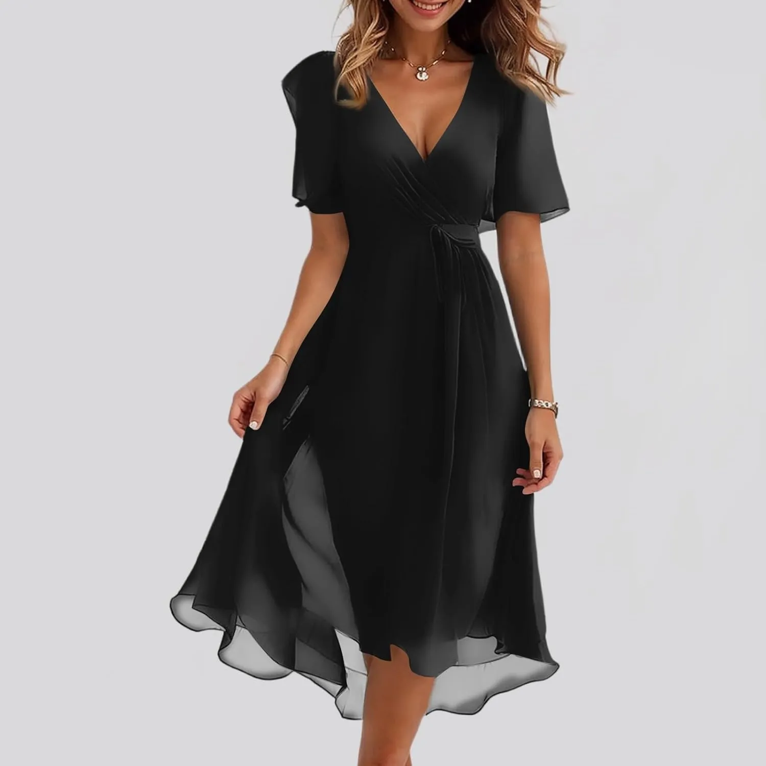 Chiffon Dresses for Women,Cocktail Spring Summer Sexy Dresses Wrap Flowy Wedding Guest Womens Midi Dress Floral