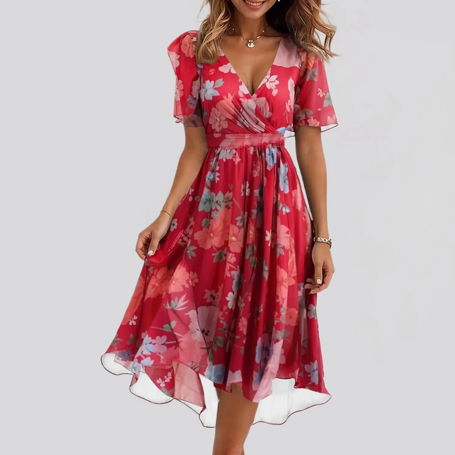 Chiffon Dresses for Women,Cocktail Spring Summer Sexy Dresses Wrap Flowy Wedding Guest Womens Midi Dress Floral