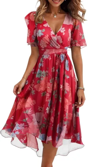 Chiffon Dresses for Women,Cocktail Spring Summer Sexy Dresses Wrap Flowy Wedding Guest Womens Midi Dress Floral