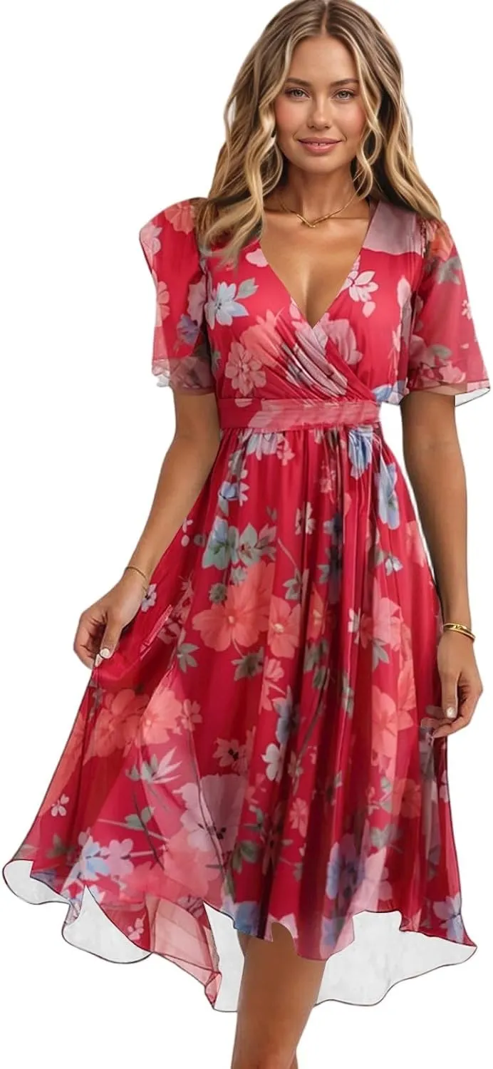 Chiffon Dresses for Women,Cocktail Spring Summer Sexy Dresses Wrap Flowy Wedding Guest Womens Midi Dress Floral
