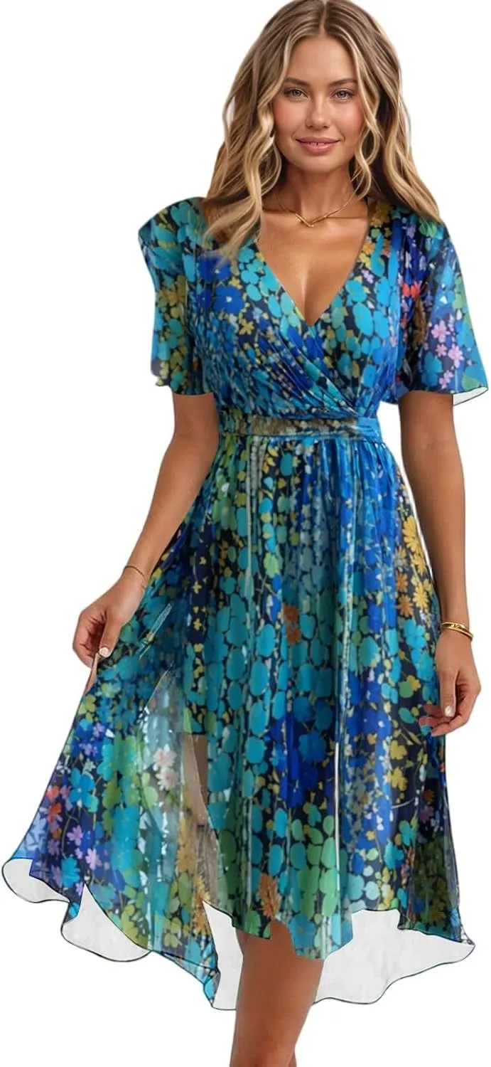 Chiffon Dresses for Women,Cocktail Spring Summer Sexy Dresses Wrap Flowy Wedding Guest Womens Midi Dress Floral
