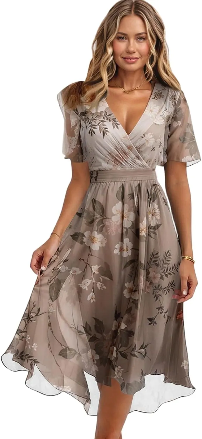 Chiffon Dresses for Women,Cocktail Spring Summer Sexy Dresses Wrap Flowy Wedding Guest Womens Midi Dress Floral