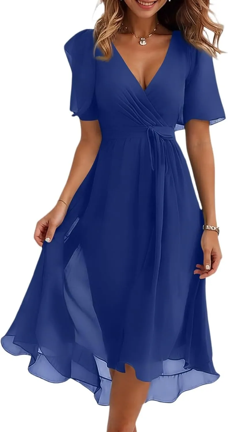 Chiffon Dresses for Women,Cocktail Spring Summer Sexy Dresses Wrap Flowy Wedding Guest Womens Midi Dress Floral