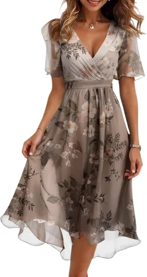 Chiffon Dresses for Women,Cocktail Spring Summer Sexy Dresses Wrap Flowy Wedding Guest Womens Midi Dress Floral