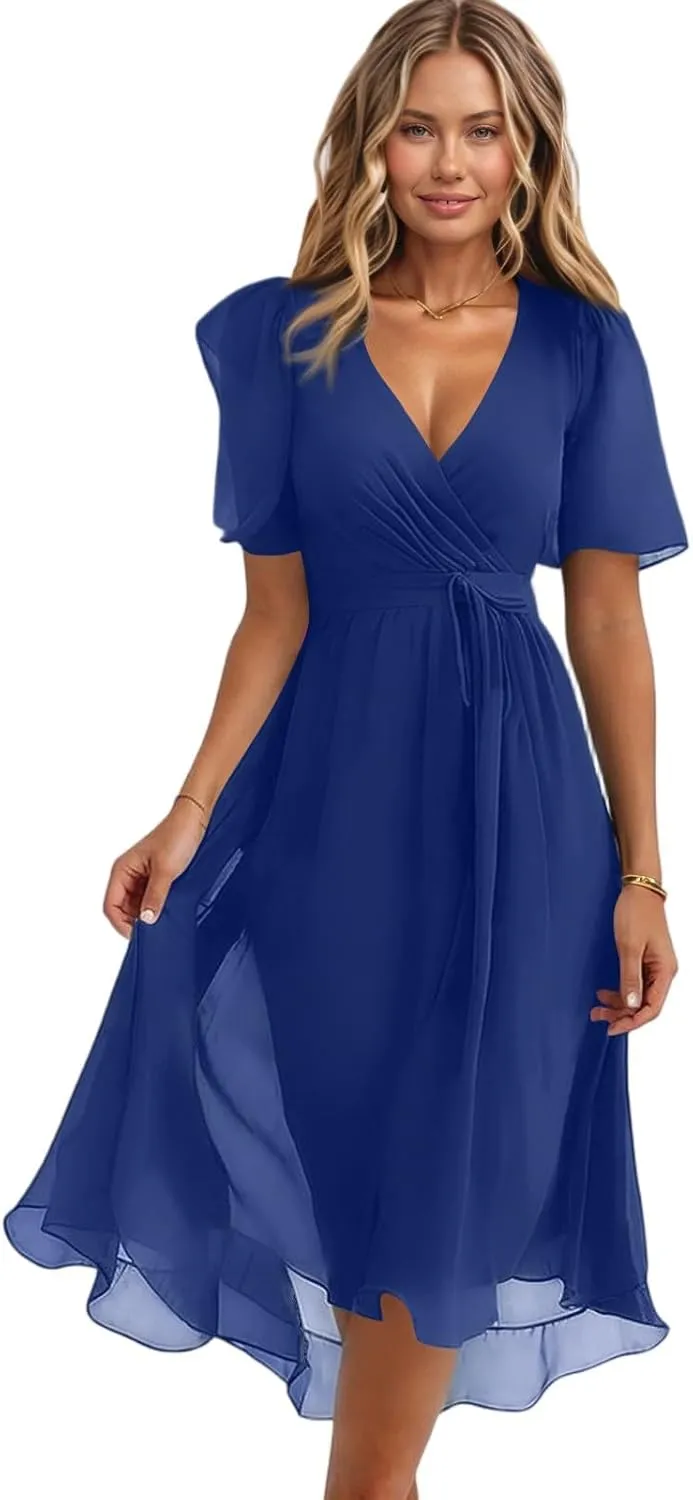 Chiffon Dresses for Women,Cocktail Spring Summer Sexy Dresses Wrap Flowy Wedding Guest Womens Midi Dress Floral