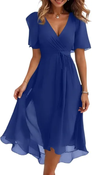 Chiffon Dresses for Women,Cocktail Spring Summer Sexy Dresses Wrap Flowy Wedding Guest Womens Midi Dress Floral