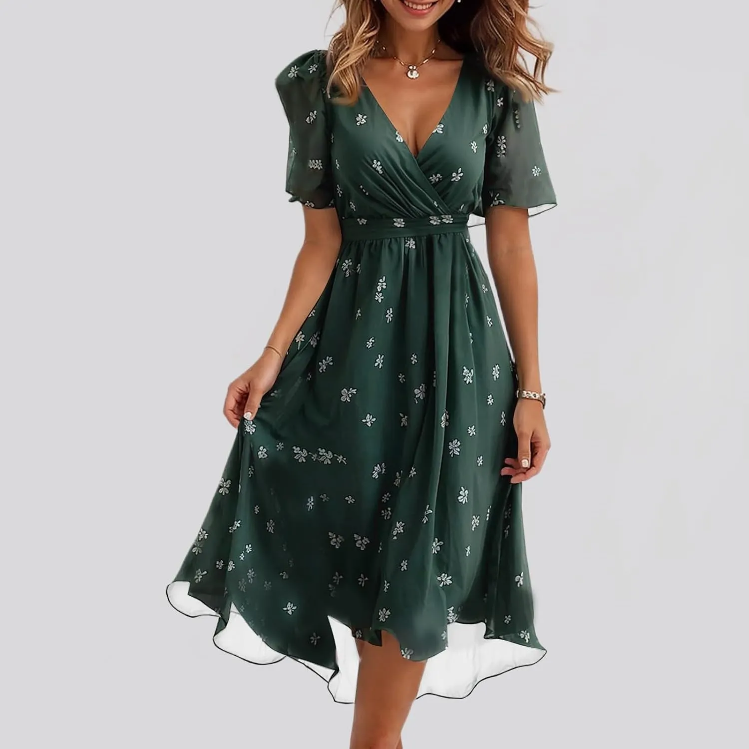 Chiffon Dresses for Women,Cocktail Spring Summer Sexy Dresses Wrap Flowy Wedding Guest Womens Midi Dress Floral