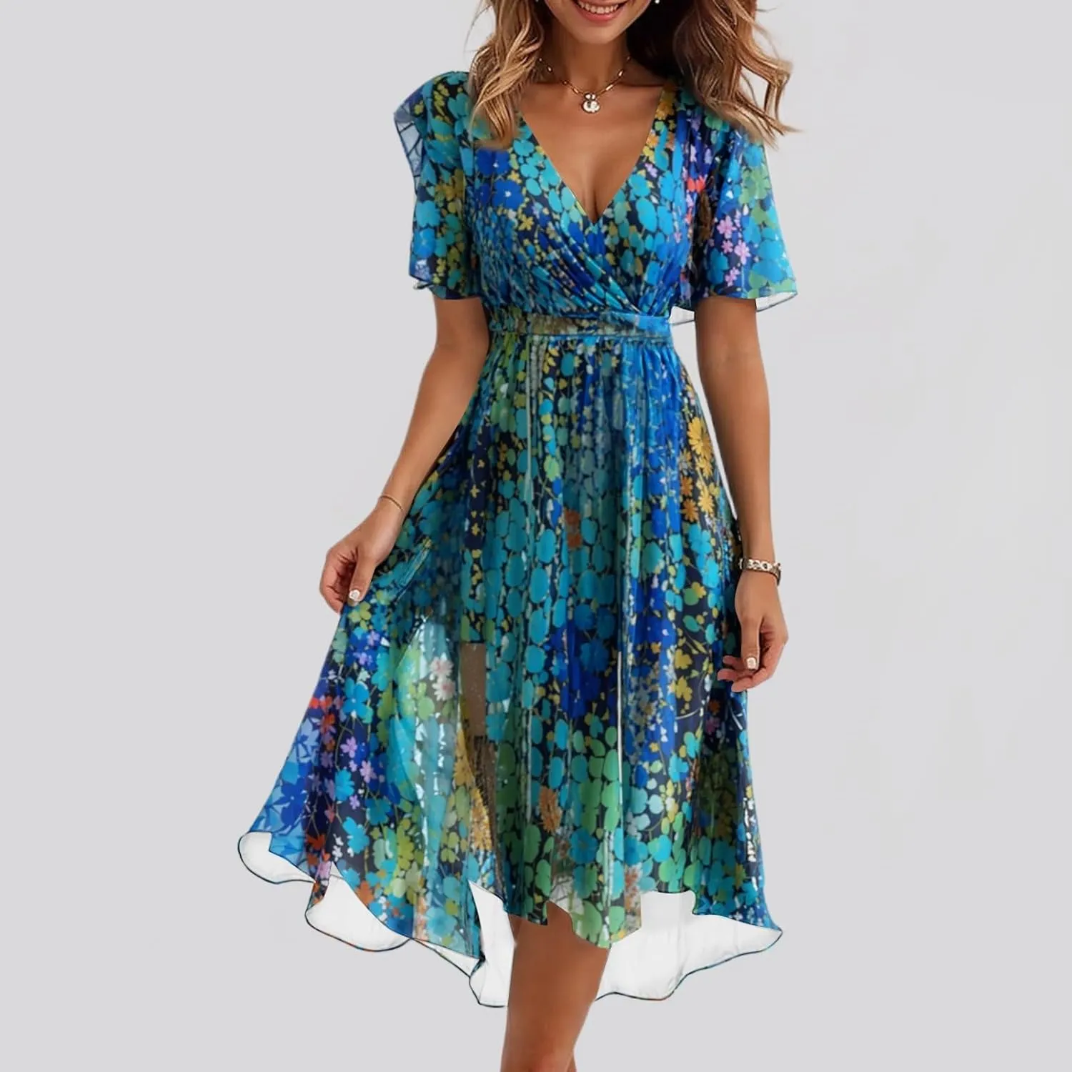 Chiffon Dresses for Women,Cocktail Spring Summer Sexy Dresses Wrap Flowy Wedding Guest Womens Midi Dress Floral