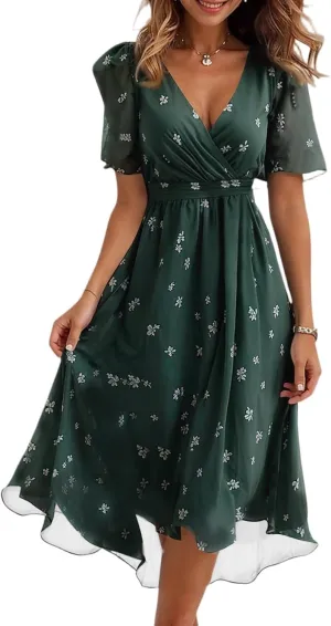 Chiffon Dresses for Women,Cocktail Spring Summer Sexy Dresses Wrap Flowy Wedding Guest Womens Midi Dress Floral