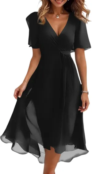 Chiffon Dresses for Women,Cocktail Spring Summer Sexy Dresses Wrap Flowy Wedding Guest Womens Midi Dress Floral