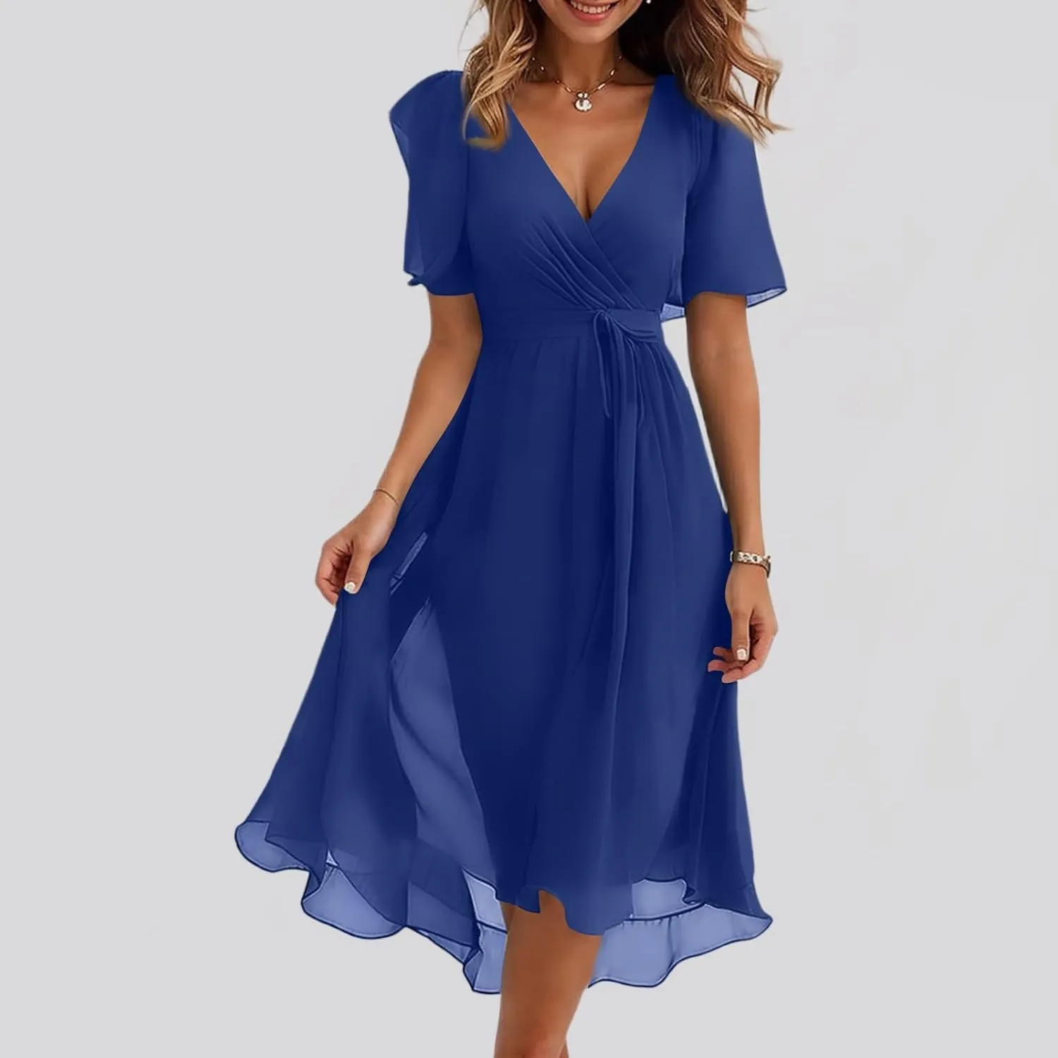 Chiffon Dresses for Women,Cocktail Spring Summer Sexy Dresses Wrap Flowy Wedding Guest Womens Midi Dress Floral