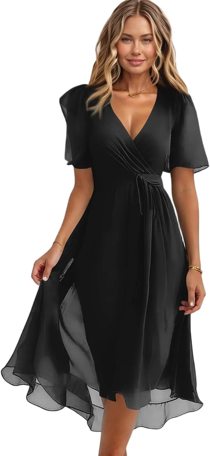 Chiffon Dresses for Women,Cocktail Spring Summer Sexy Dresses Wrap Flowy Wedding Guest Womens Midi Dress Floral
