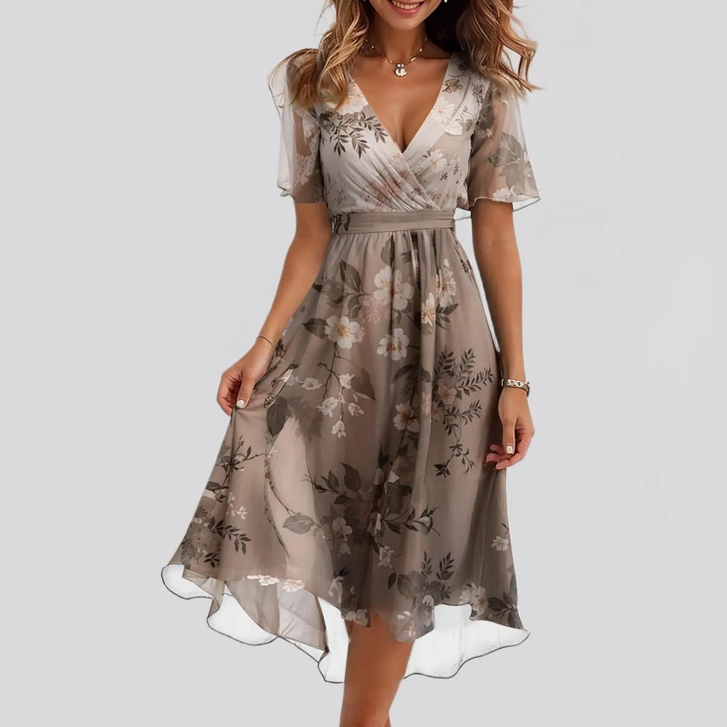 Chiffon Dresses for Women,Cocktail Spring Summer Sexy Dresses Wrap Flowy Wedding Guest Womens Midi Dress Floral