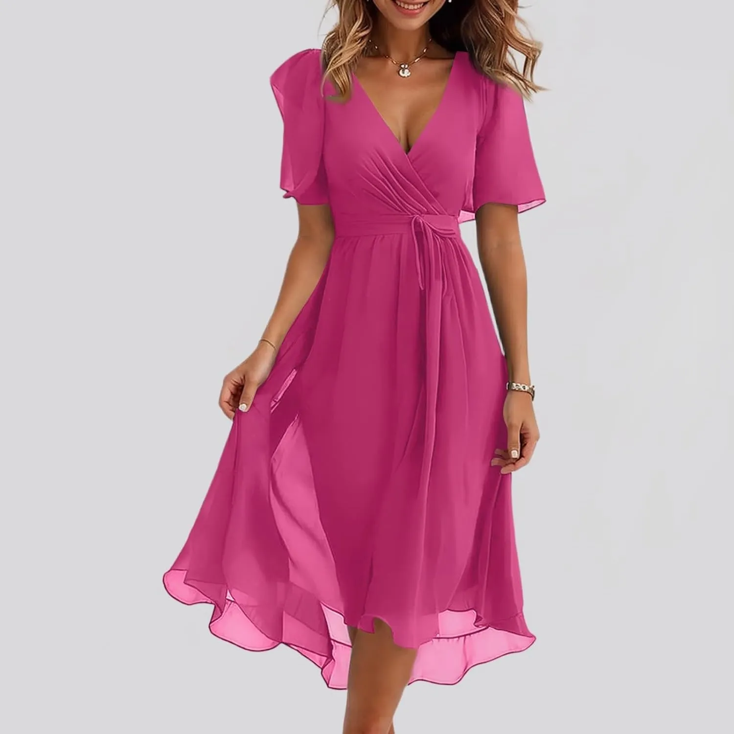 Chiffon Dresses for Women,Flowy Wrap Wedding Guest Cocktail Prom Womens Spring Summer Dress Sexy Midi Dresses