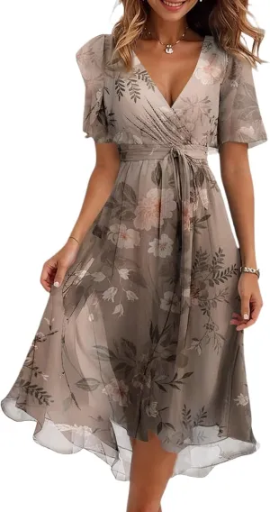 Chiffon Dresses for Women,Flowy Wrap Wedding Guest Cocktail Prom Womens Spring Summer Dress Sexy Midi Dresses