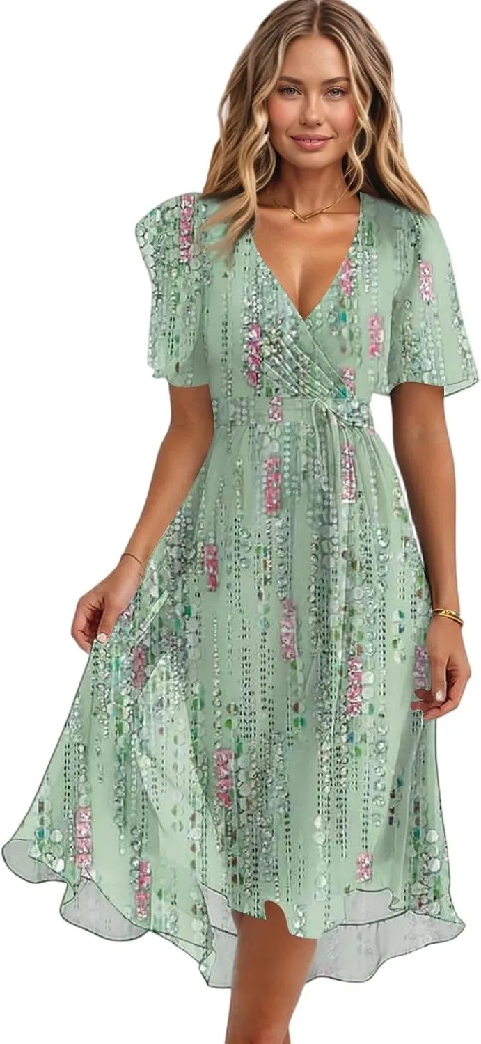 Chiffon Dresses for Women,Flowy Wrap Wedding Guest Cocktail Prom Womens Spring Summer Dress Sexy Midi Dresses
