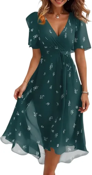 Chiffon Dresses for Women,Flowy Wrap Wedding Guest Cocktail Prom Womens Spring Summer Dress Sexy Midi Dresses