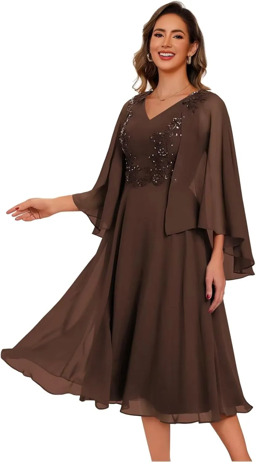 Chiffon Mother of The Bride Dresses with Pockets V Neck Lace Appliques Tea Length Formal Dress for Women DI247