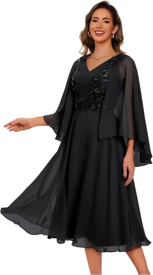 Chiffon Mother of The Bride Dresses with Pockets V Neck Lace Appliques Tea Length Formal Dress for Women DI247