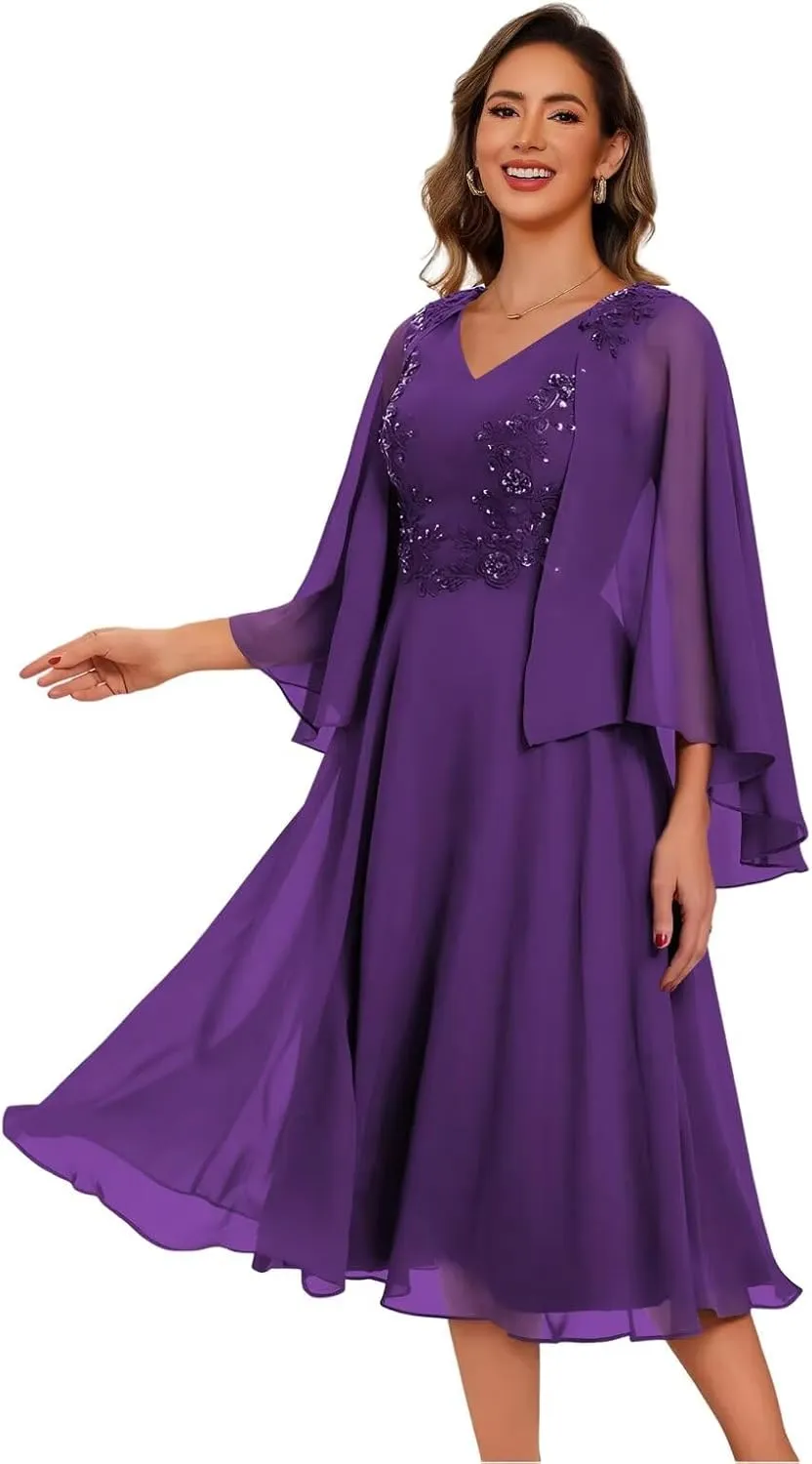 Chiffon Mother of The Bride Dresses with Pockets V Neck Lace Appliques Tea Length Formal Dress for Women DI247