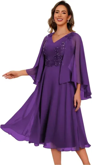 Chiffon Mother of The Bride Dresses with Pockets V Neck Lace Appliques Tea Length Formal Dress for Women DI247