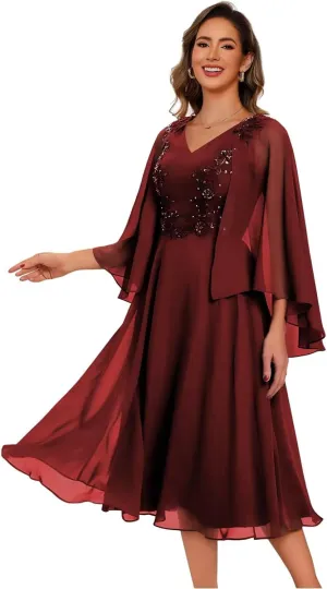Chiffon Mother of The Bride Dresses with Pockets V Neck Lace Appliques Tea Length Formal Dress for Women DI247