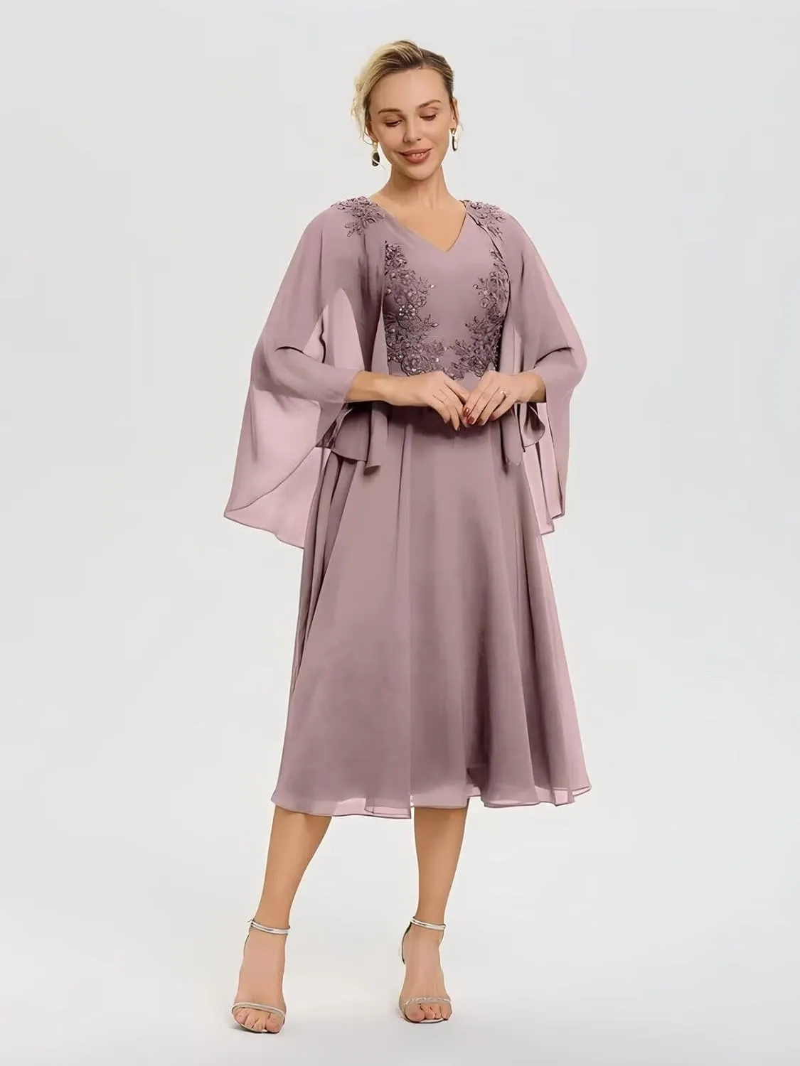 Chiffon Mother of The Bride Dresses with Pockets V Neck Lace Appliques Tea Length Formal Dress for Women DI247