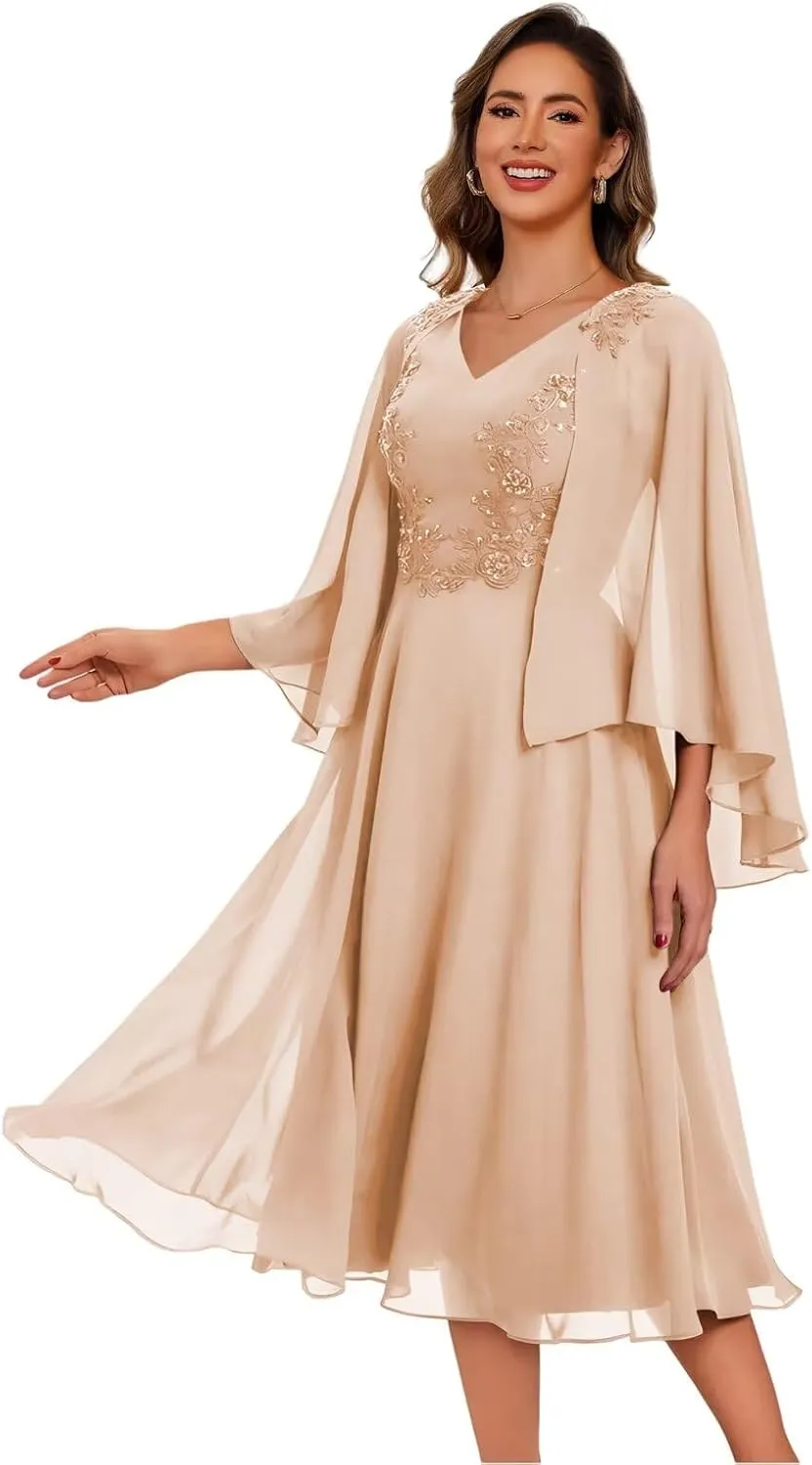 Chiffon Mother of The Bride Dresses with Pockets V Neck Lace Appliques Tea Length Formal Dress for Women DI247