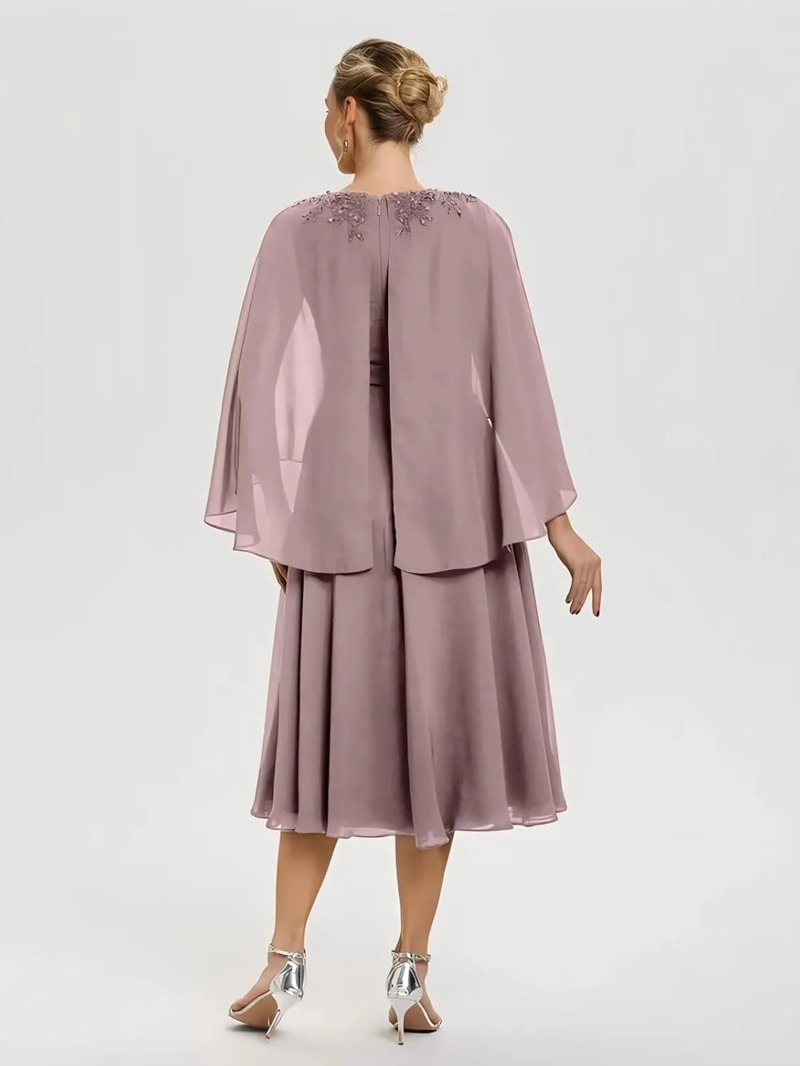 Chiffon Mother of The Bride Dresses with Pockets V Neck Lace Appliques Tea Length Formal Dress for Women DI247
