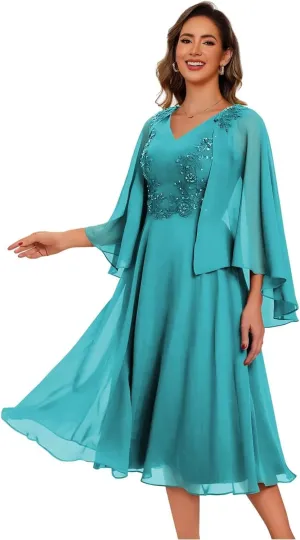 Chiffon Mother of The Bride Dresses with Pockets V Neck Lace Appliques Tea Length Formal Dress for Women DI247