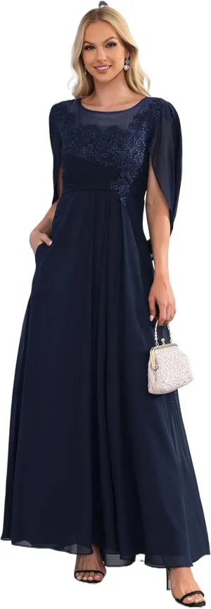 Chiffon Wedding Guest Dresses for Women Lace Applique Mother of The Bride Dresses for Wedding Cape Evening Gowns
