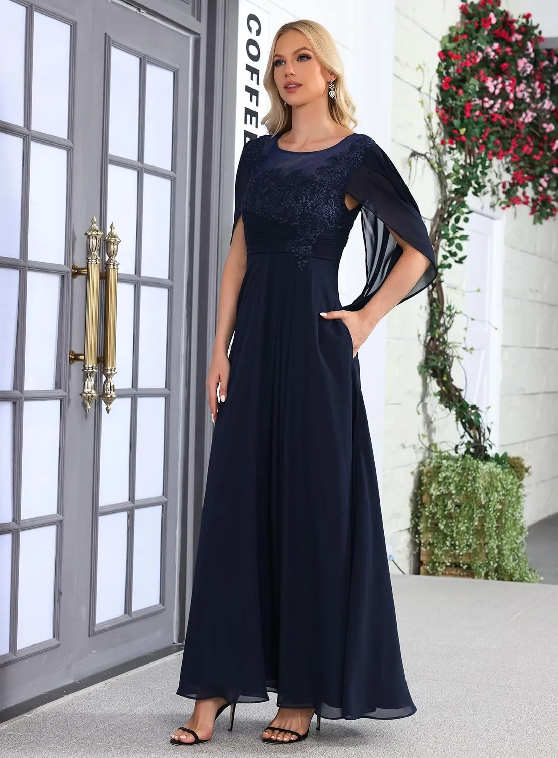 Chiffon Wedding Guest Dresses for Women Lace Applique Mother of The Bride Dresses for Wedding Cape Evening Gowns