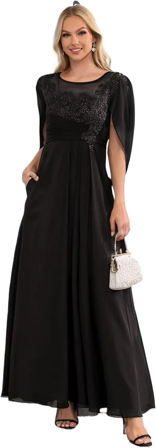 Chiffon Wedding Guest Dresses for Women Lace Applique Mother of The Bride Dresses for Wedding Cape Evening Gowns