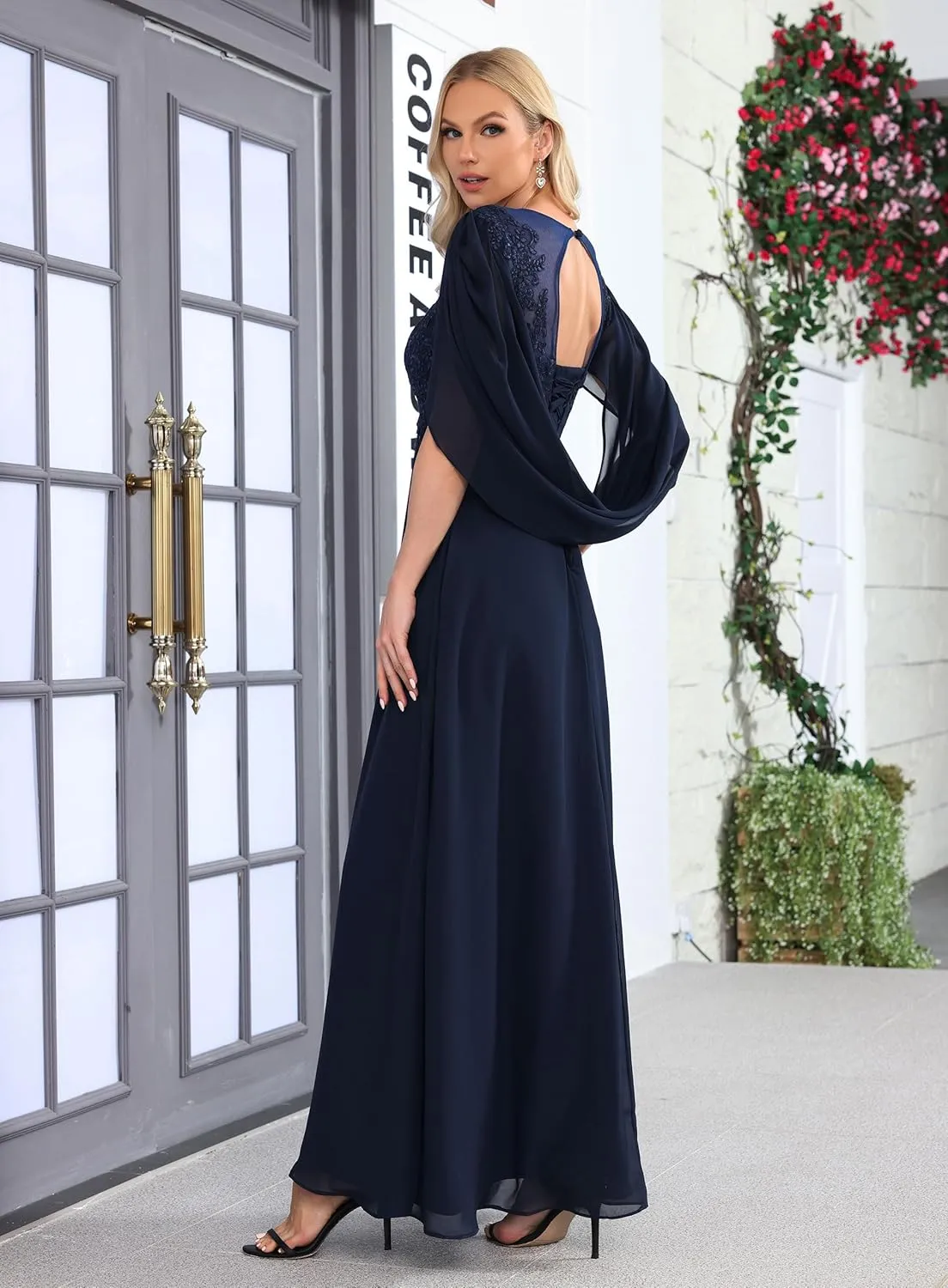 Chiffon Wedding Guest Dresses for Women Lace Applique Mother of The Bride Dresses for Wedding Cape Evening Gowns