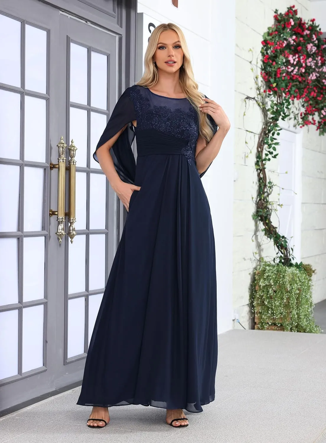 Chiffon Wedding Guest Dresses for Women Lace Applique Mother of The Bride Dresses for Wedding Cape Evening Gowns