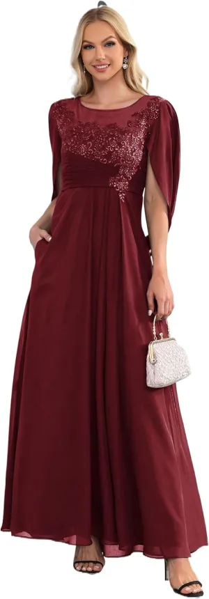 Chiffon Wedding Guest Dresses for Women Lace Applique Mother of The Bride Dresses for Wedding Cape Evening Gowns