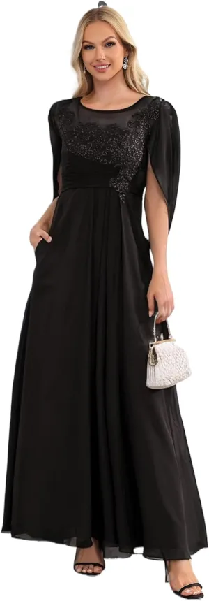 Chiffon Wedding Guest Dresses for Women Lace Applique Mother of The Bride Dresses for Wedding Cape Evening Gowns