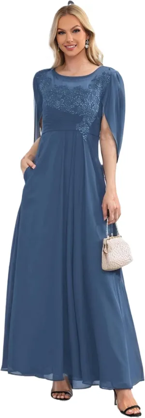 Chiffon Wedding Guest Dresses for Women Lace Applique Mother of The Bride Dresses for Wedding Cape Evening Gowns