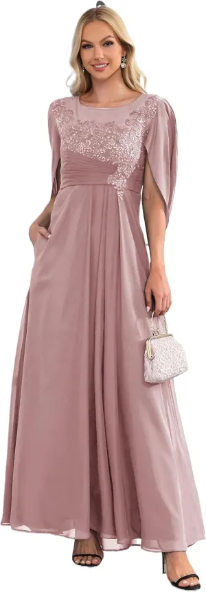 Chiffon Wedding Guest Dresses for Women Lace Applique Mother of The Bride Dresses for Wedding Cape Evening Gowns