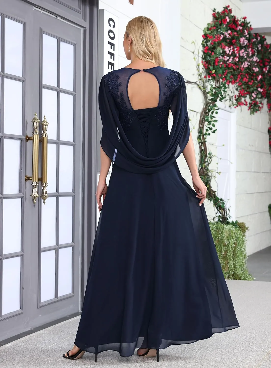 Chiffon Wedding Guest Dresses for Women Lace Applique Mother of The Bride Dresses for Wedding Cape Evening Gowns