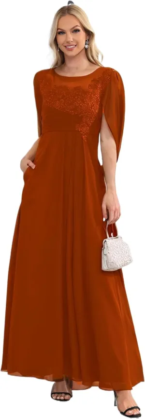 Chiffon Wedding Guest Dresses for Women Lace Applique Mother of The Bride Dresses for Wedding Cape Evening Gowns