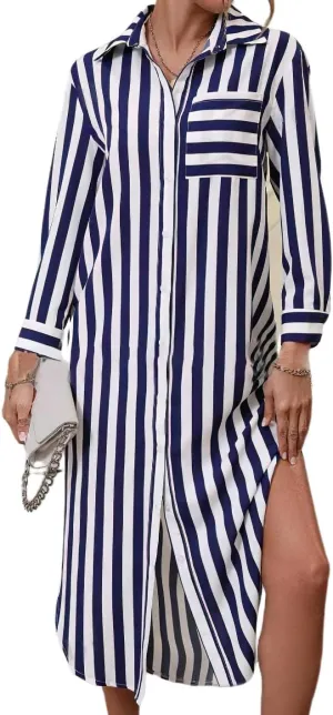 chouyatou Women's Long Sleeve Lapel V Neck Printed Shirt Dresses Button Down Midi Dress with Side Slit