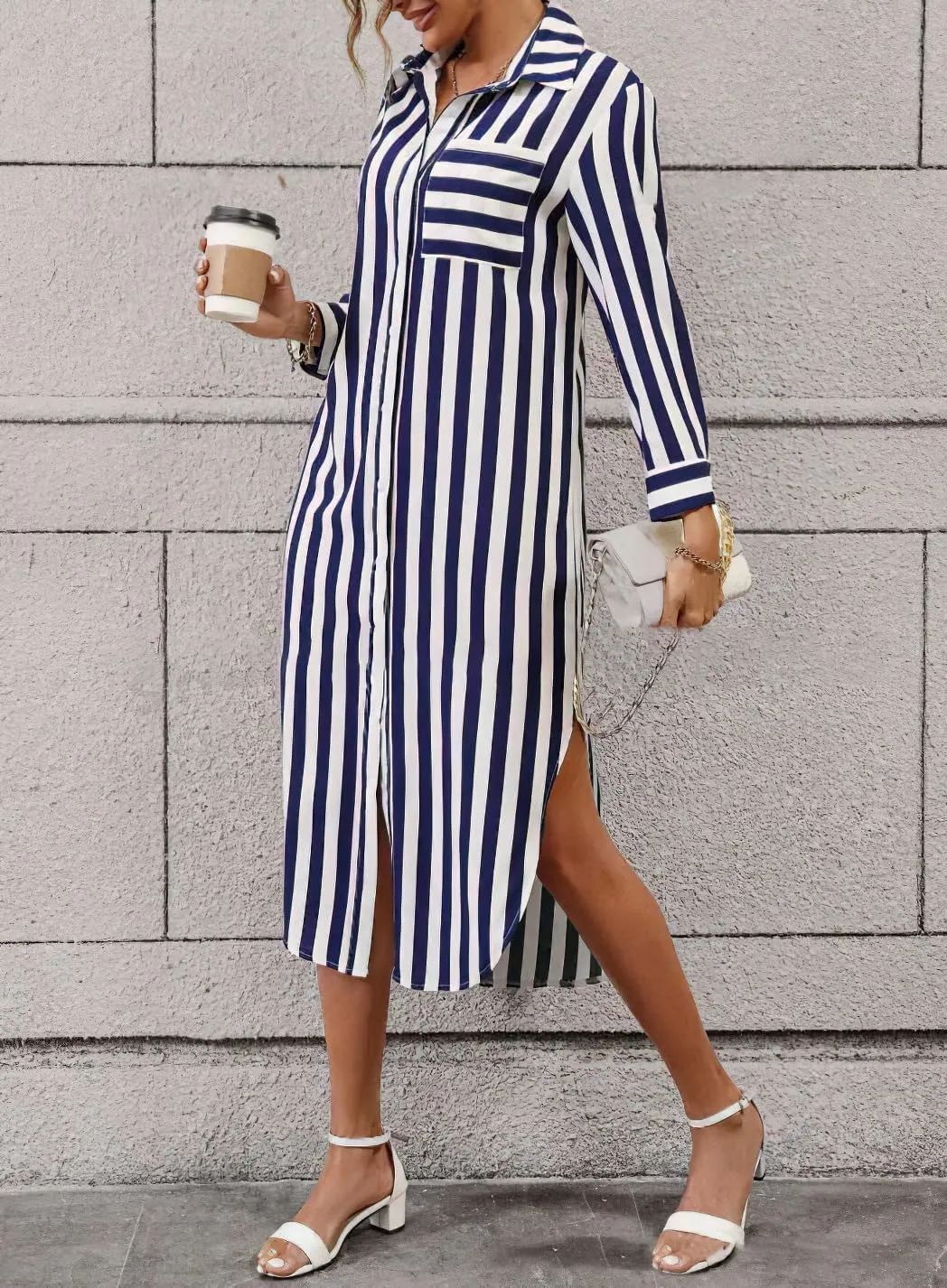 chouyatou Women's Long Sleeve Lapel V Neck Printed Shirt Dresses Button Down Midi Dress with Side Slit