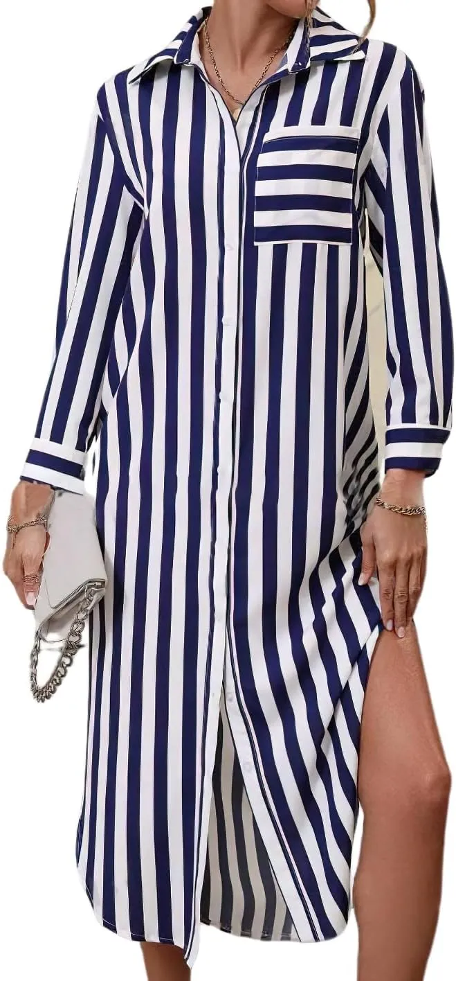 chouyatou Women's Long Sleeve Lapel V Neck Printed Shirt Dresses Button Down Midi Dress with Side Slit