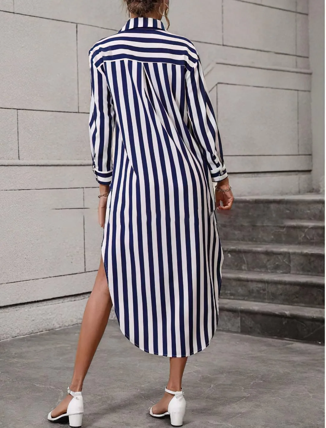 chouyatou Women's Long Sleeve Lapel V Neck Printed Shirt Dresses Button Down Midi Dress with Side Slit